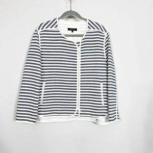 Lafayette 148 New York Cotton-Blend Navy & Cream Striped Zip-Front Jacket, Large